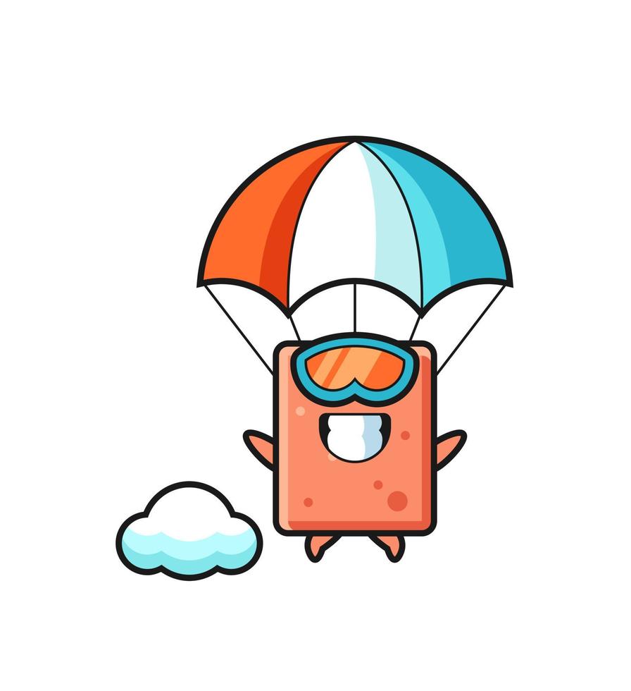 le dessin animé de mascotte de brique saute en parachute avec un geste heureux vecteur