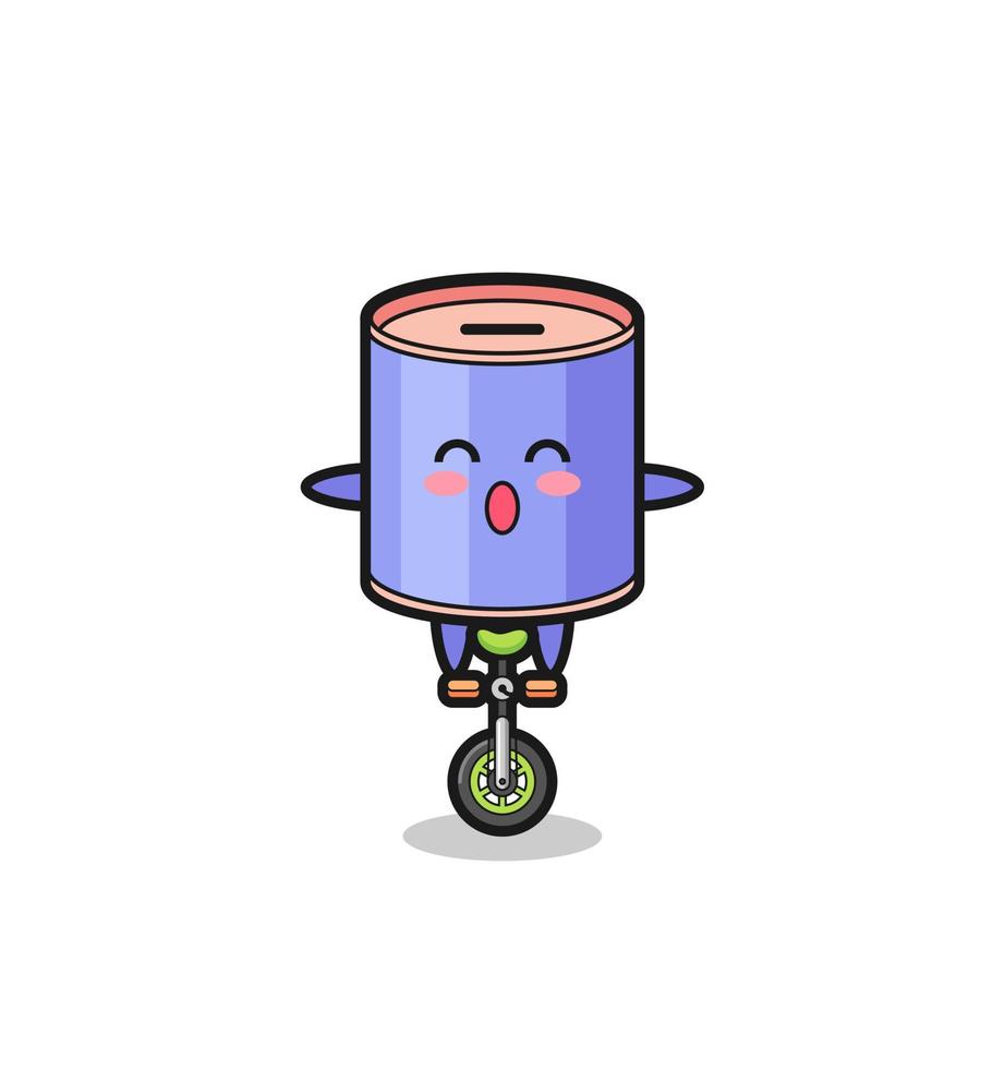 le mignon personnage de tirelire à cylindre fait du vélo de cirque vecteur