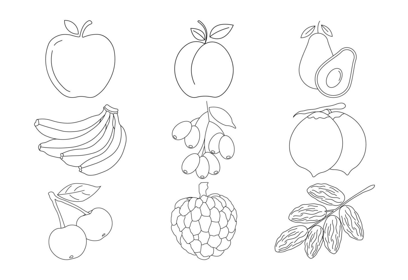 fruits pages à colorier illustration vectorielle sur fond blanc, livre de coloriage pour enfants vecteur