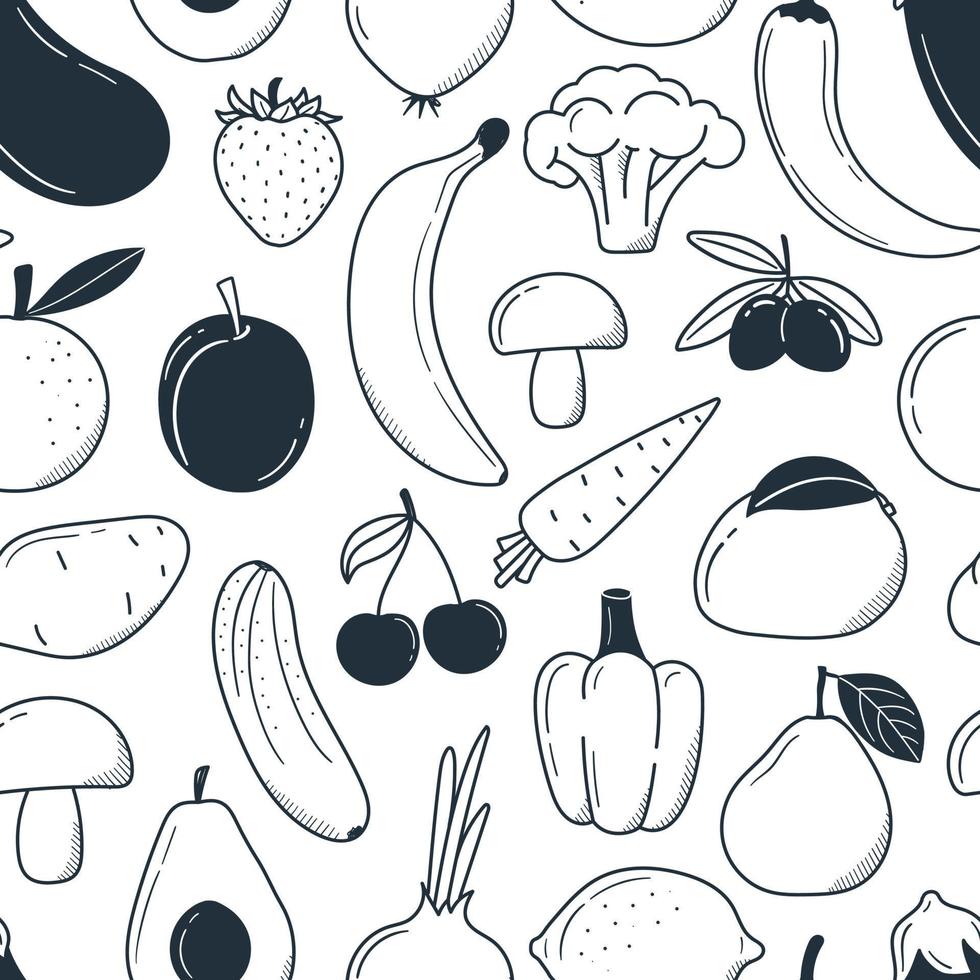 fruits de modèle sans couture, légumes dans un style doodle. motif monochrome vecteur