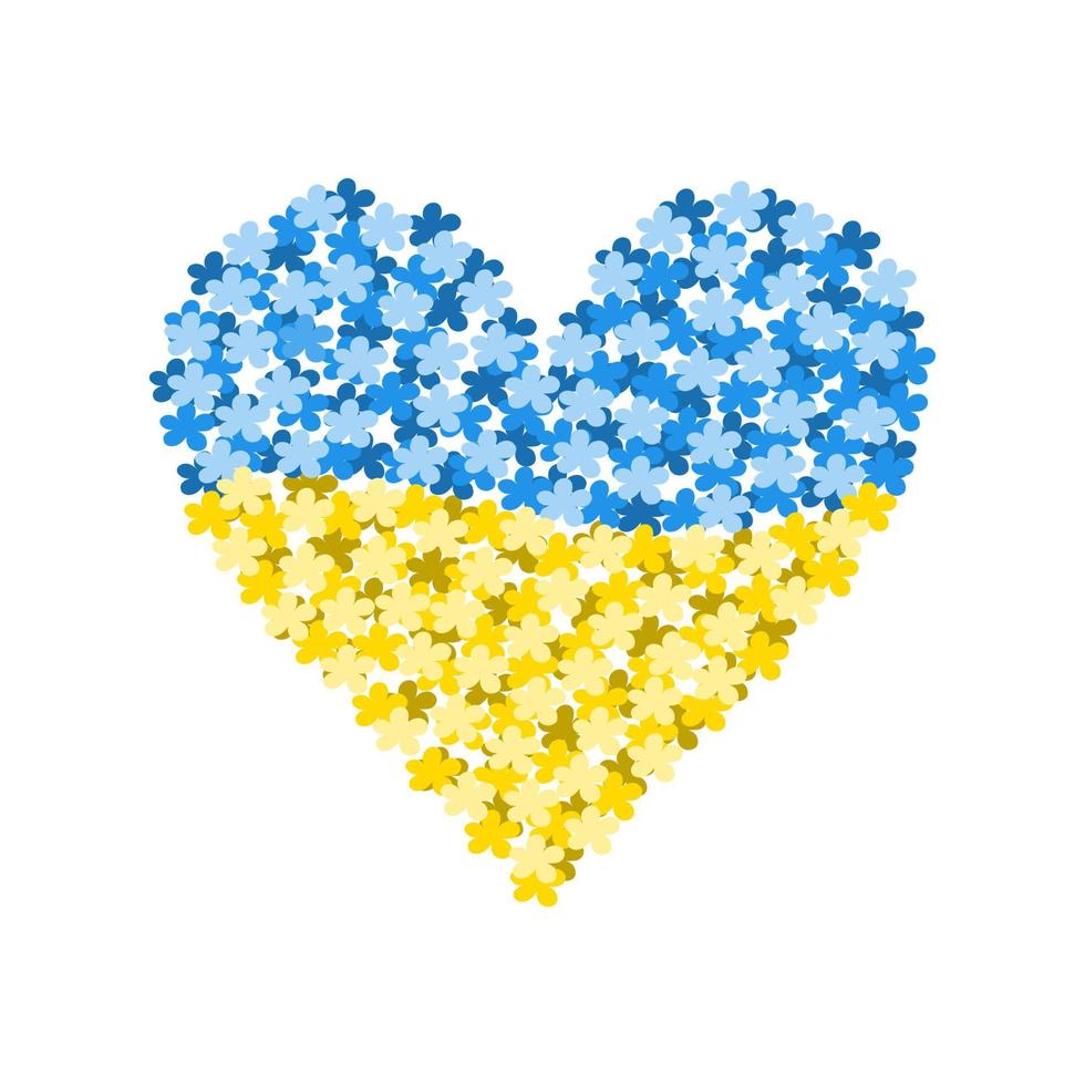 arrêter le modèle de guerre drapeau bleu et jaune de l'ukraine sous la forme d'une silhouette de coeur avec des fleurs vecteur