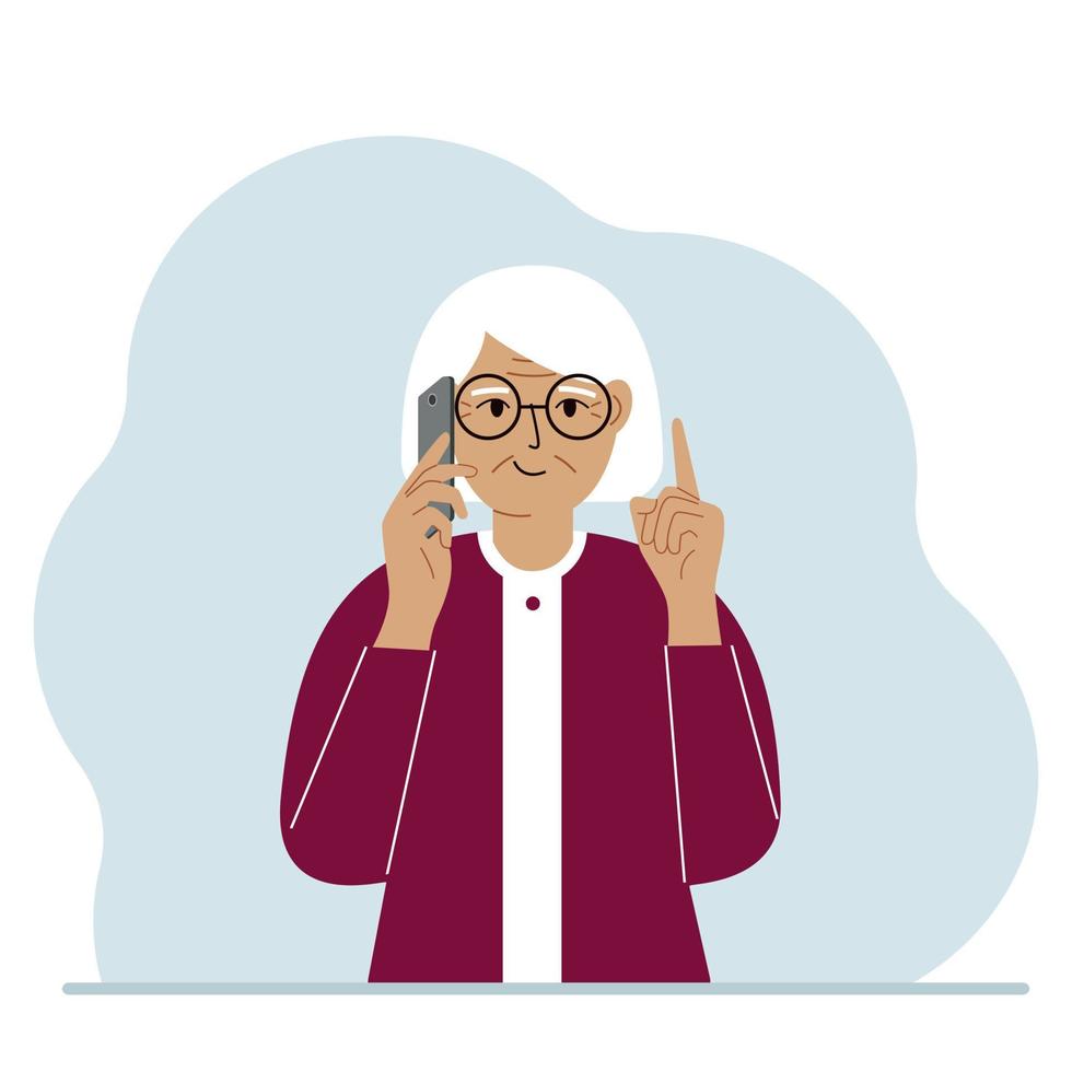 grand-mère souriante parlant sur un téléphone portable avec des émotions. une main avec le téléphone l'autre avec un geste d'index vers le haut. illustration vectorielle plate vecteur