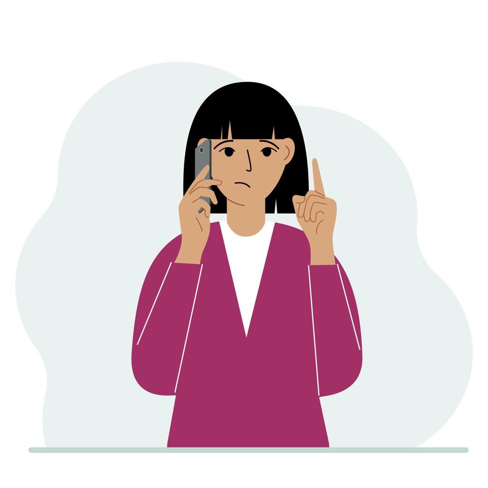 femme triste parlant sur un téléphone portable avec des émotions. une main avec le téléphone l'autre avec un geste d'index vers le haut. illustration vectorielle plate vecteur