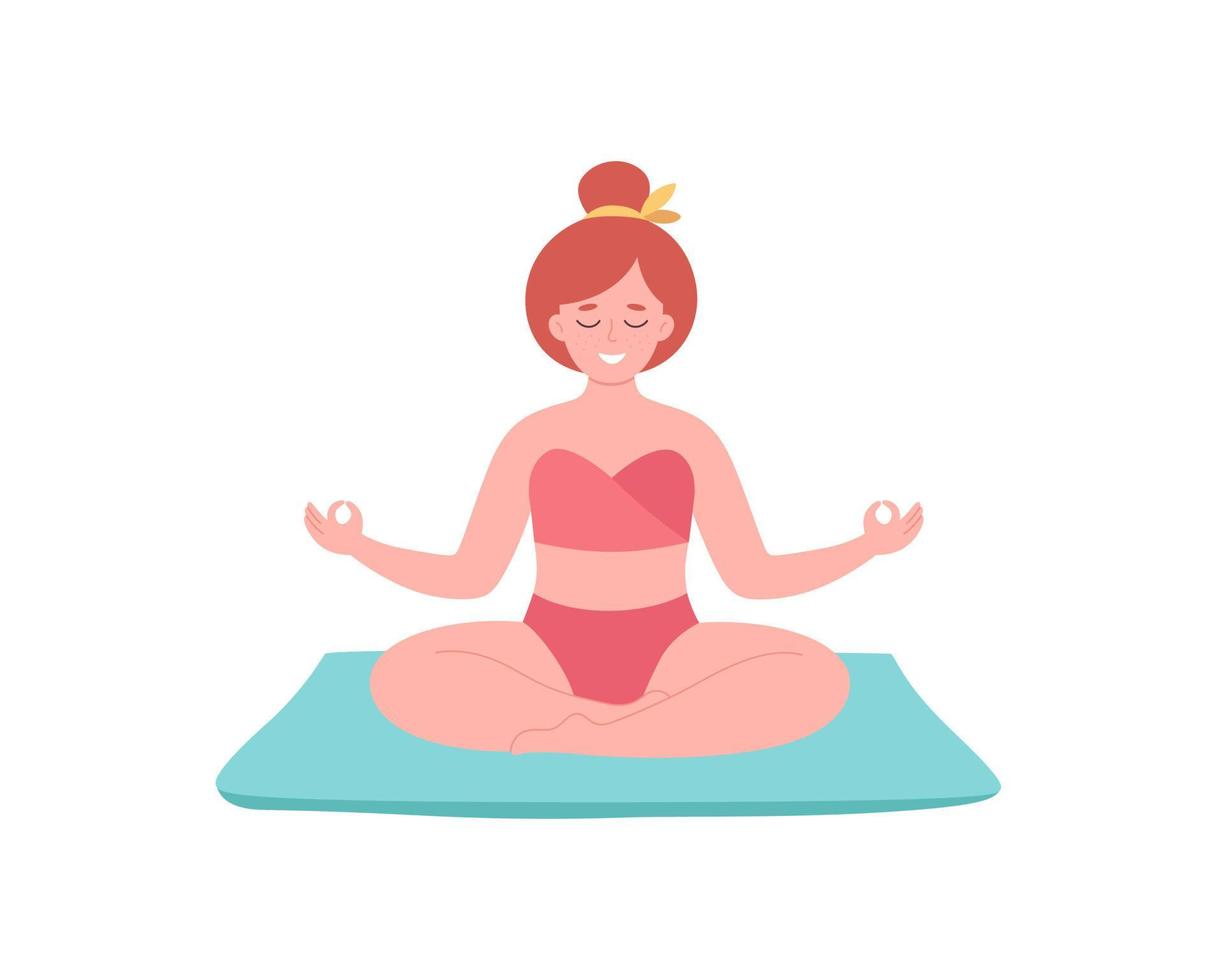 femme méditant en maillot de bain. mode de vie sain, yoga, détente, exercice respiratoire. Bonjour été vecteur