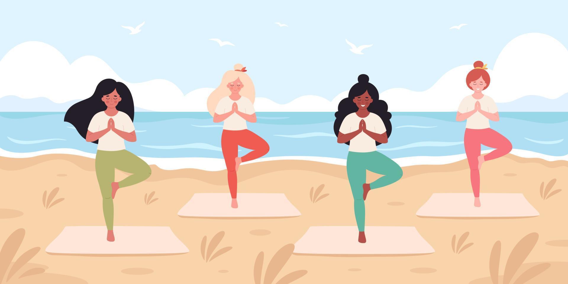 femmes faisant du yoga sur la plage. bonjour l'été, loisirs d'été, vacances, mode de vie sain vecteur