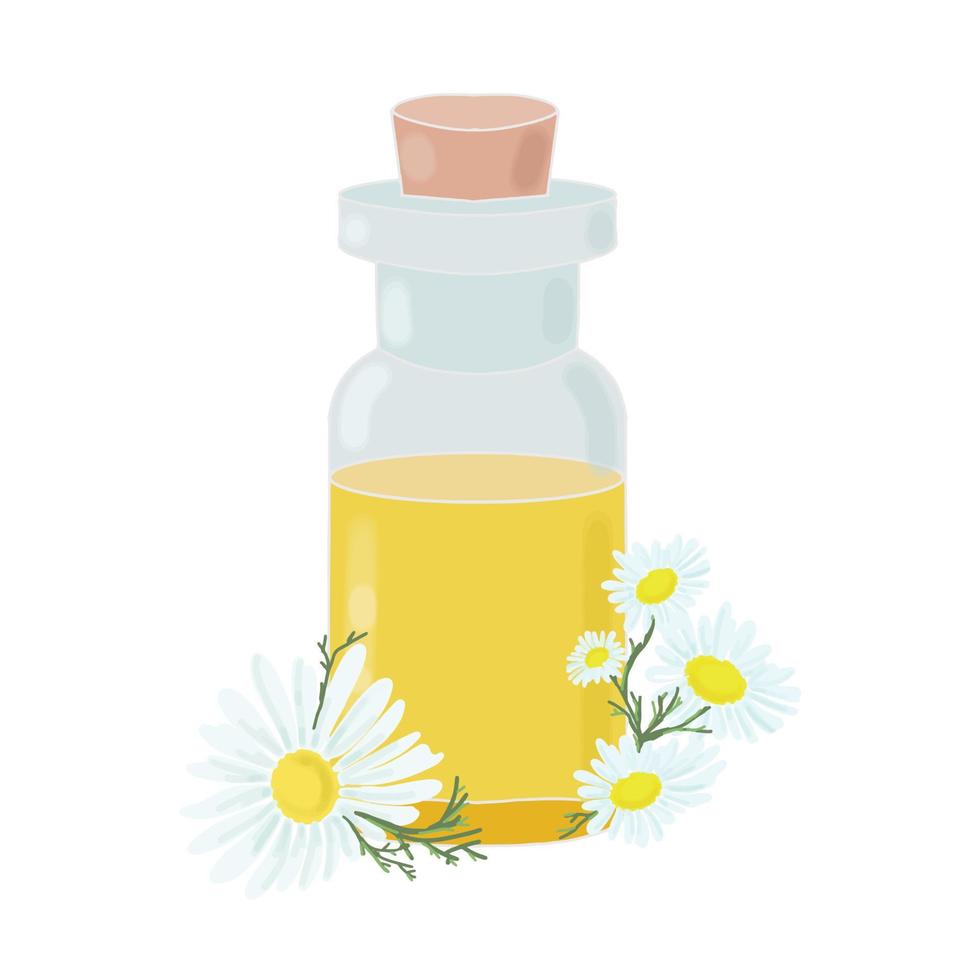 bouteille avec huile essentielle et fleur de camomille, huile cosmétique, aromathérapie, teinture, médecine, pharmacie, image vectorielle vecteur