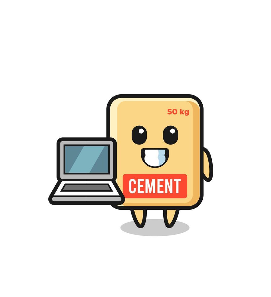 mascotte illustration de sac de ciment avec un ordinateur portable vecteur