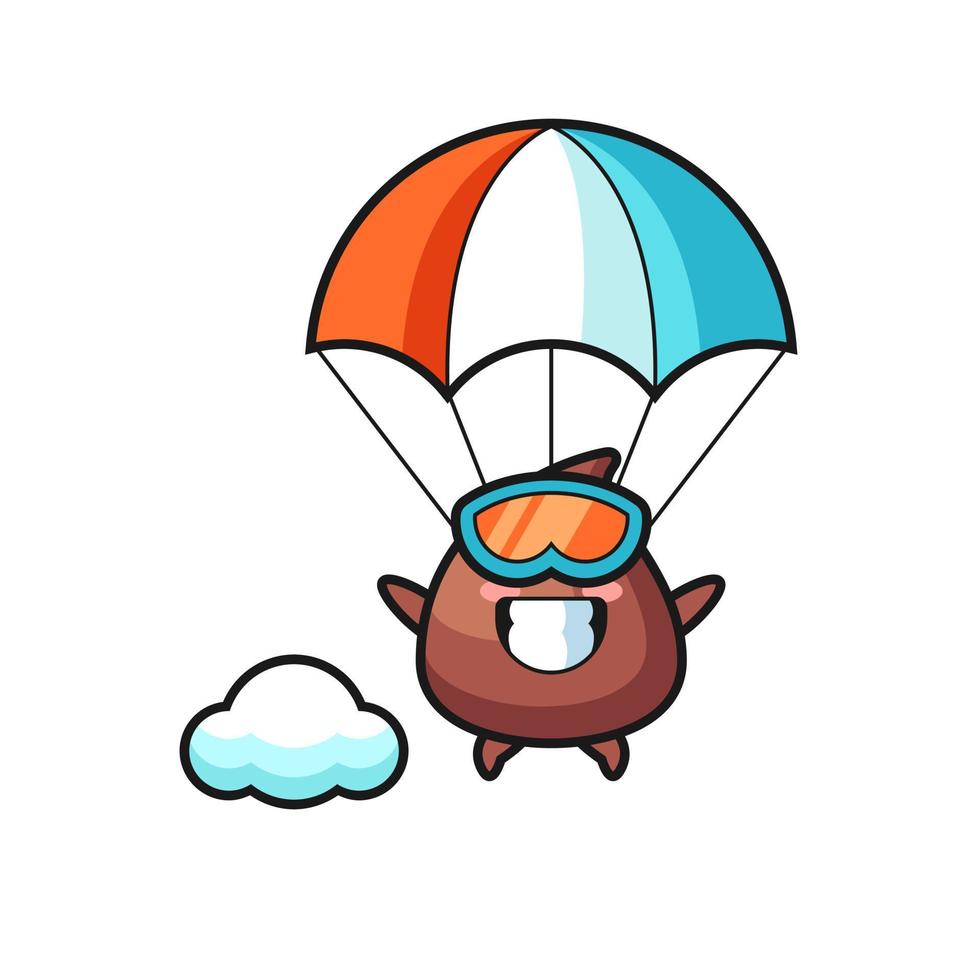 le dessin animé de la mascotte choco chip fait du parachutisme avec un geste heureux vecteur