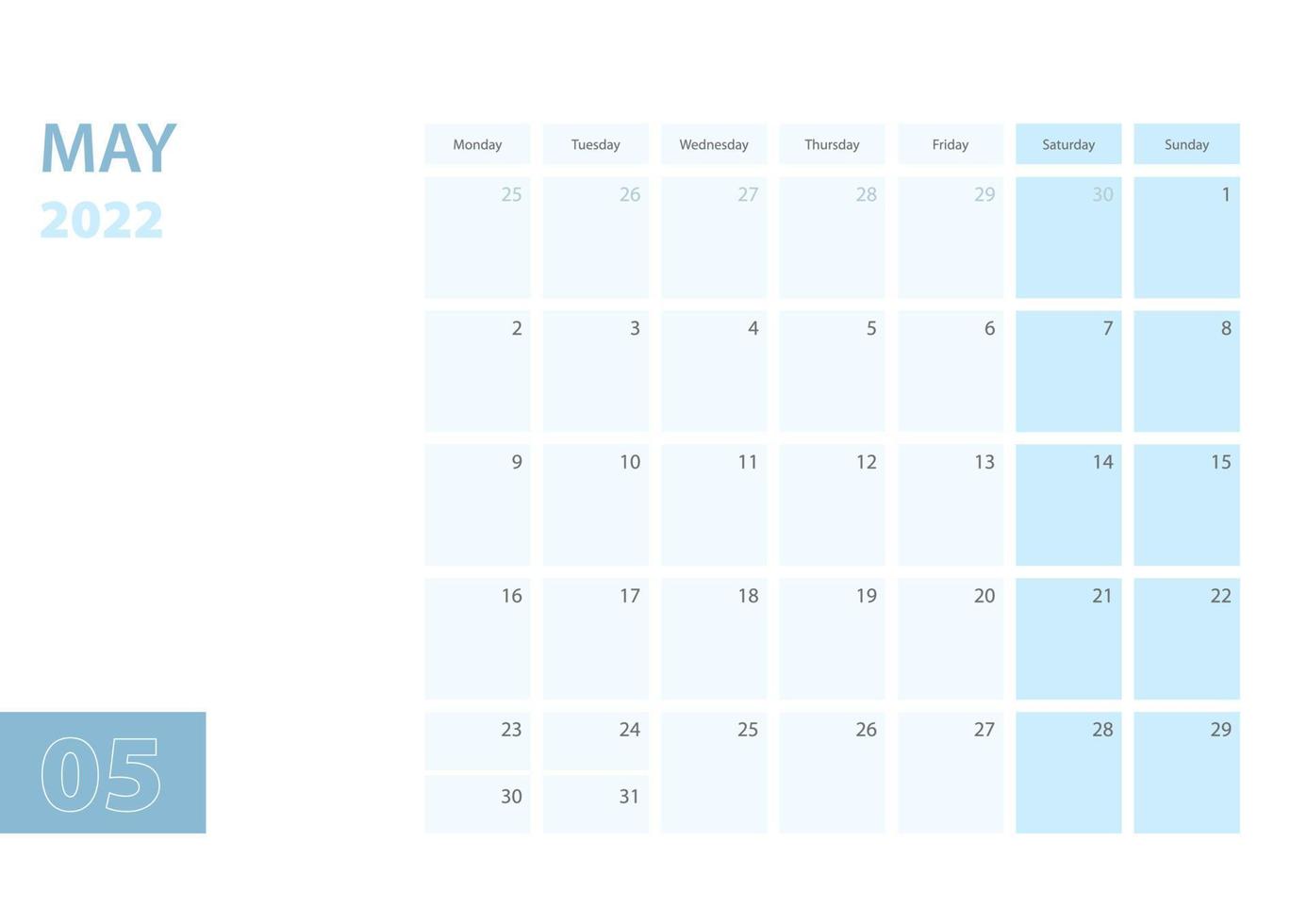 modèle de calendrier pour mai 2022, la semaine commence le lundi. le calendrier est dans une palette de couleurs bleues. vecteur