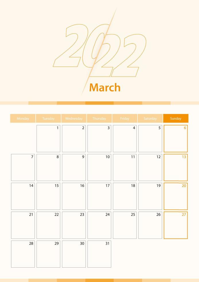 feuille de calendrier vertical vectoriel moderne pour mars 2022, planificateur en anglais.