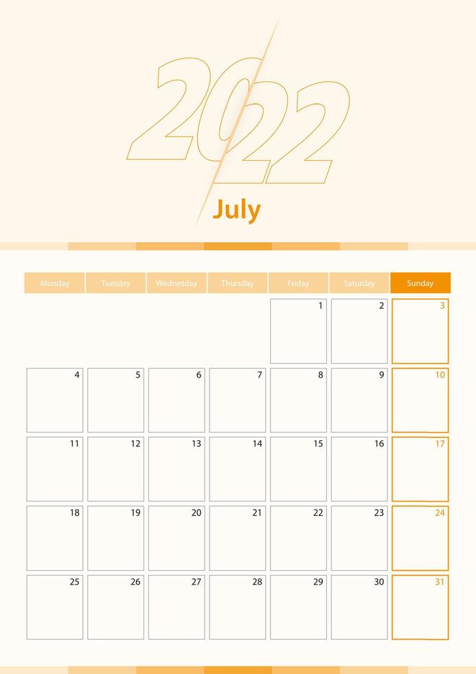 feuille de calendrier vertical vectoriel moderne pour juillet 2022, planificateur en anglais.