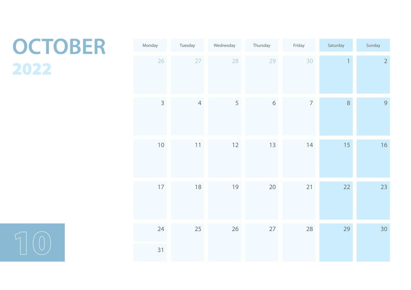 modèle de calendrier pour octobre 2022, la semaine commence le lundi. le calendrier est dans une palette de couleurs bleues. vecteur
