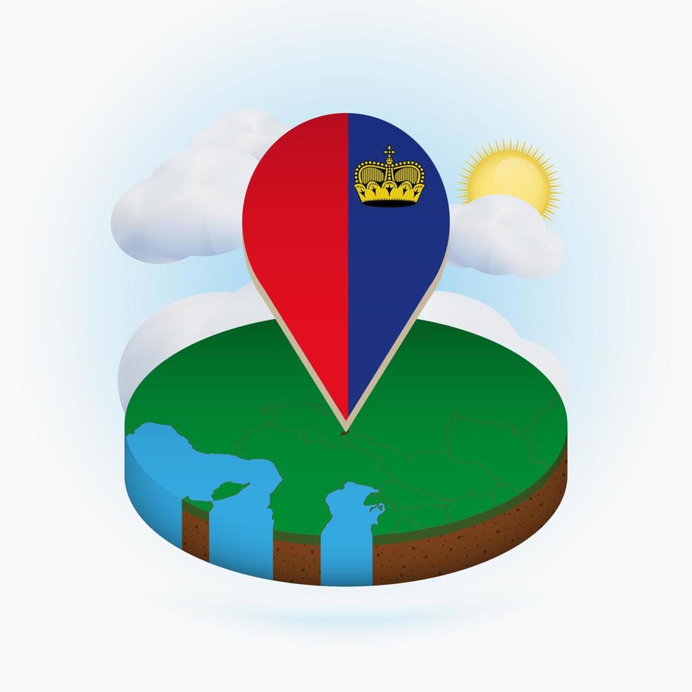 carte ronde isométrique du liechtenstein et marqueur de point avec le drapeau du liechtenstein. nuage et soleil sur fond. vecteur