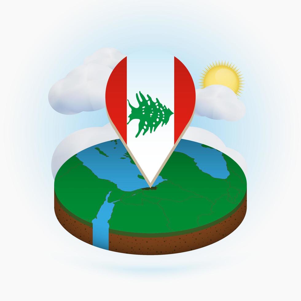 carte ronde isométrique du liban et marqueur de point avec le drapeau du liban. nuage et soleil sur fond. vecteur