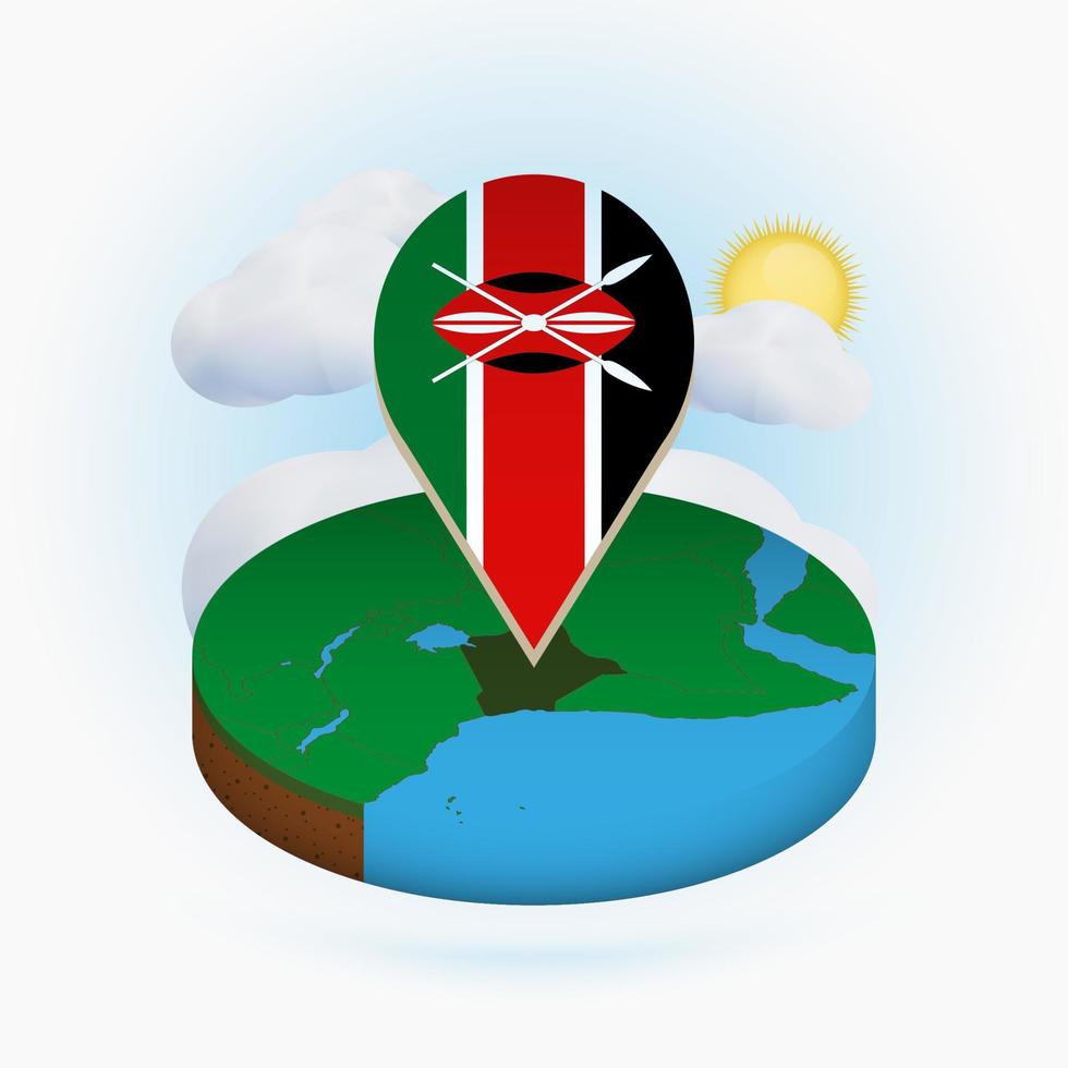 carte ronde isométrique du kenya et marqueur de point avec le drapeau du kenya. nuage et soleil sur fond. vecteur
