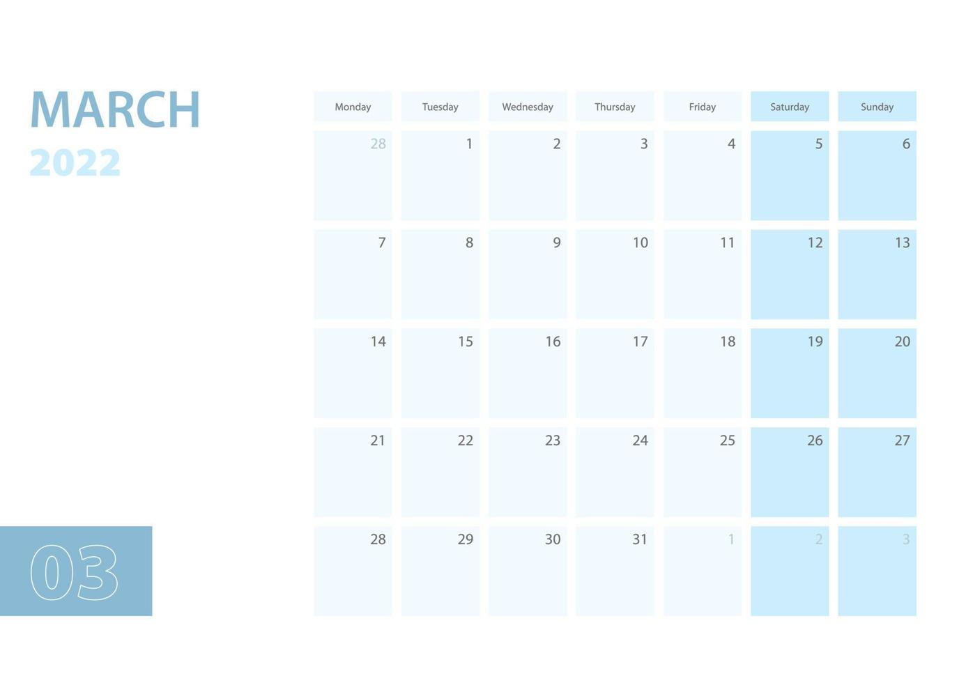 modèle de calendrier pour mars 2022, la semaine commence le lundi. le calendrier est dans une palette de couleurs bleues. vecteur