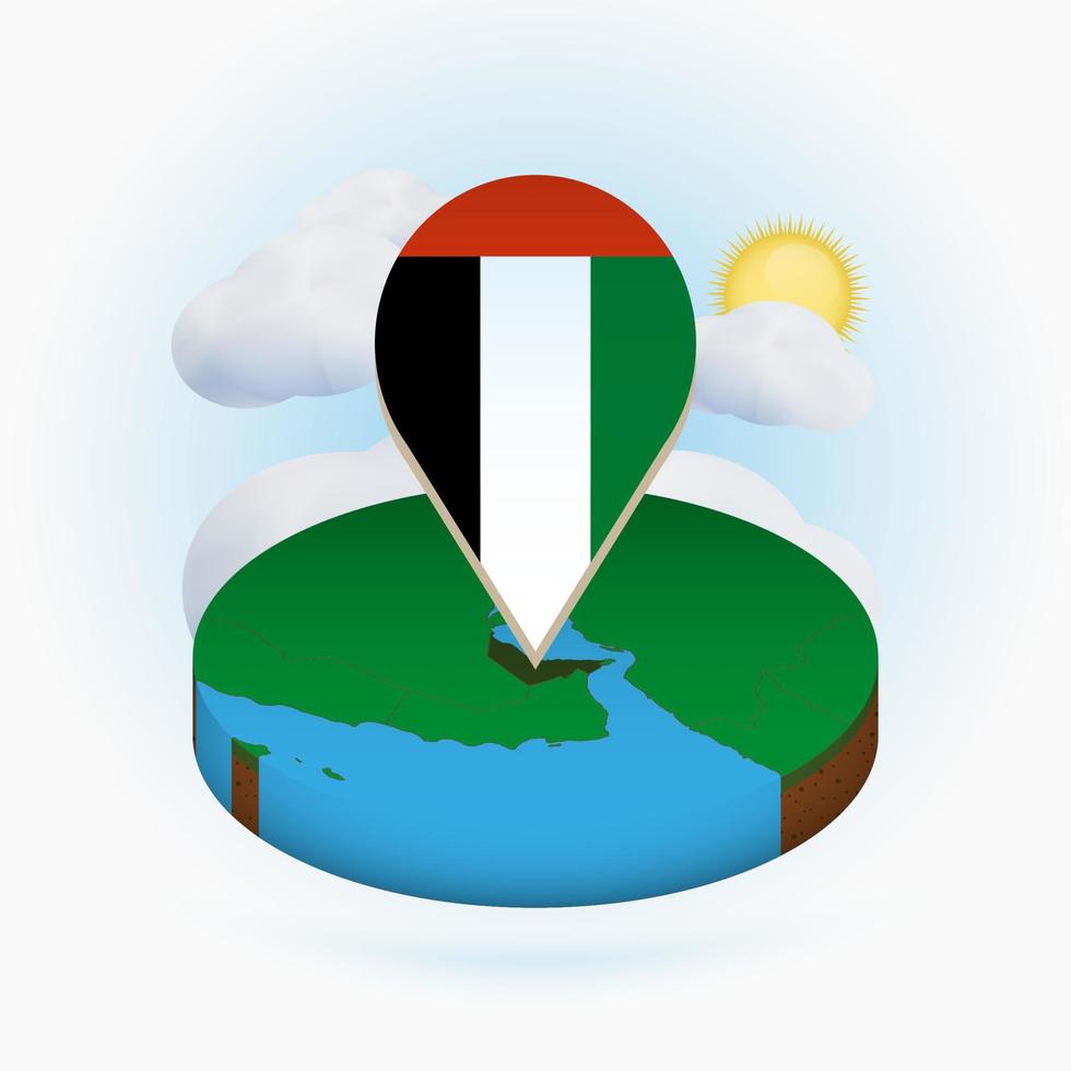 carte ronde isométrique des émirats arabes unis et marqueur de point avec le drapeau des eau. nuage et soleil sur fond. vecteur