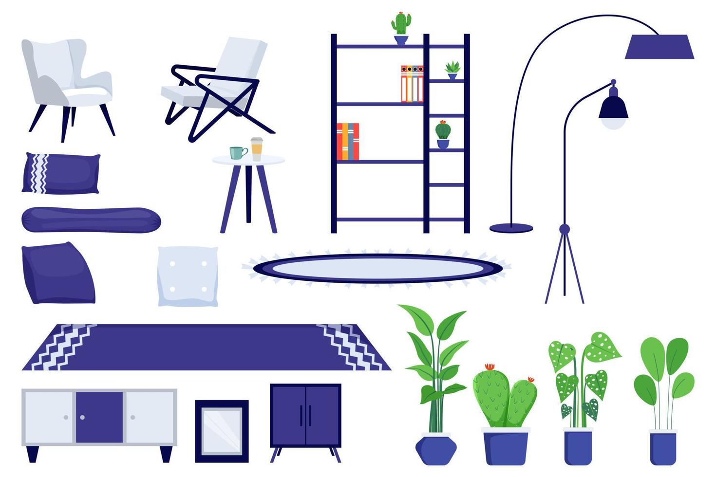 ensemble de meubles d'intérieur de salon moderne avec meuble de canapé et tapis de lampe et plante d'intérieur avec un design coloré isolé vecteur