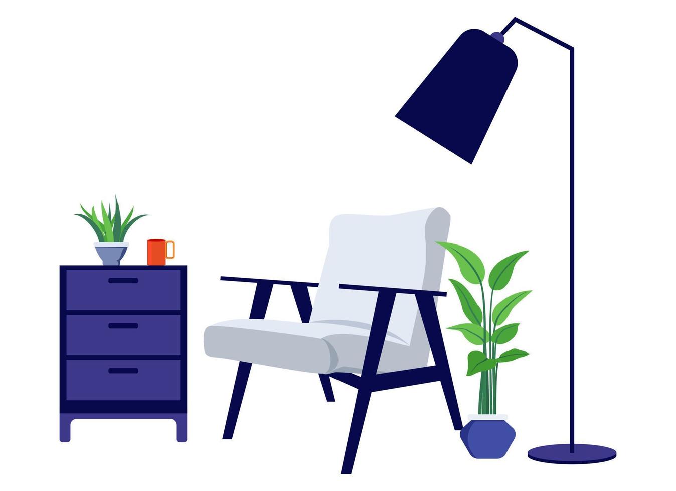 illustration de travail indépendant de bureau à domicile avec lampadaire de fauteuil moderne et avec armoire vecteur