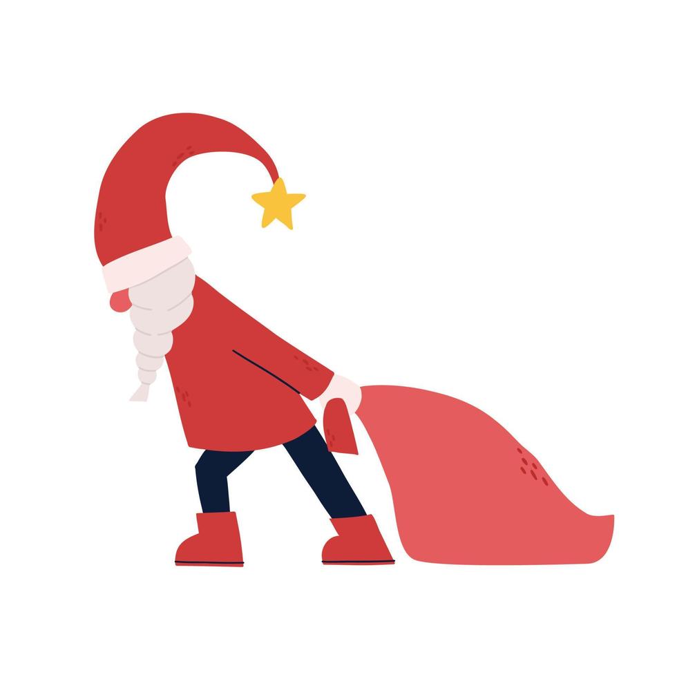 le gnome d'hiver de noël tire un sac avec des cadeaux. le père Noël. assistant père noël. illustration de noël. illustration colorée de vecteur isolée sur fond blanc.