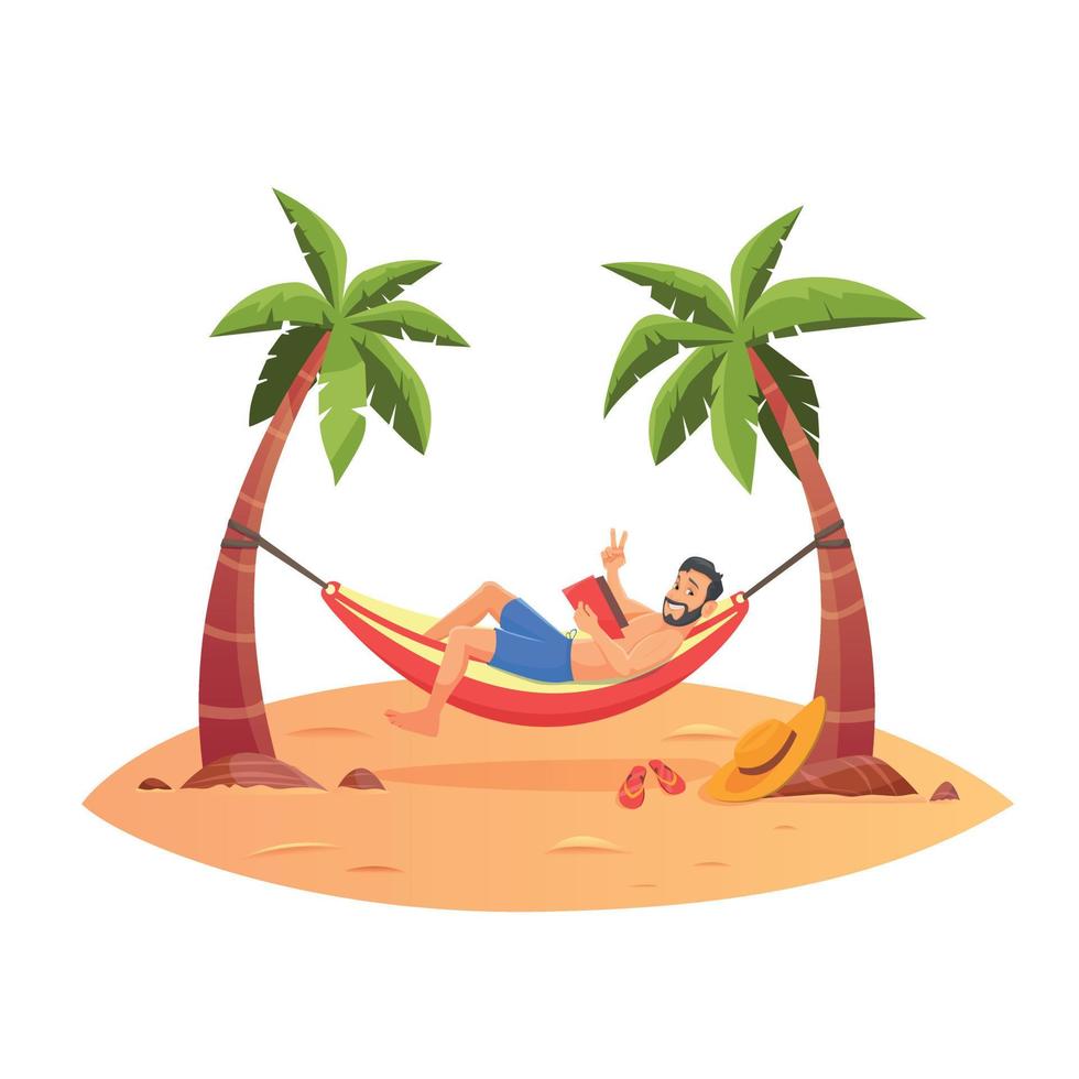 jeune homme heureux se reposant sur la plage dans un hamac sous les palmiers. homme hipster allongé dans un hamac sur une plage tropicale. vecteur