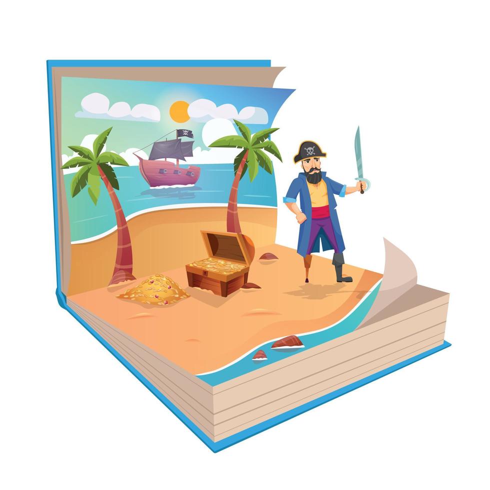 illustration d'un livre pop up sur la composition des pirates avec un personnage humain de dessin animé de paysage insulaire avec un coffre au trésor vecteur