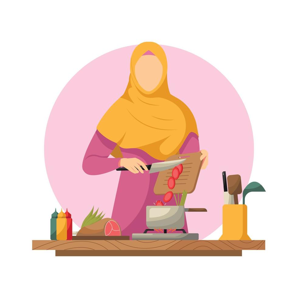 jolie femme musulmane cuisinant dans la cuisine vecteur