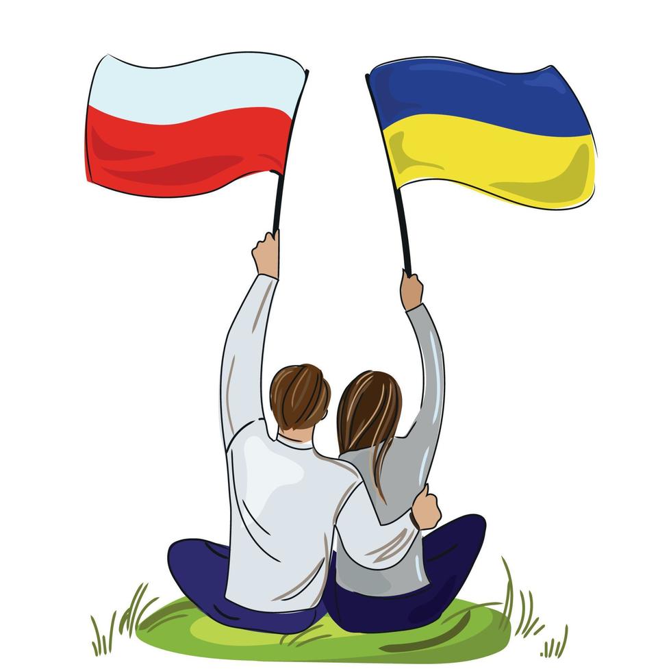 relations ukrainiennes-polonaises.jeune couple femme ukrainienne et homme de pôle agitant leurs drapeaux nationaux, illustration de dessin animé.graphiques vectoriels.illustration conceptuelle amitié nationale vecteur