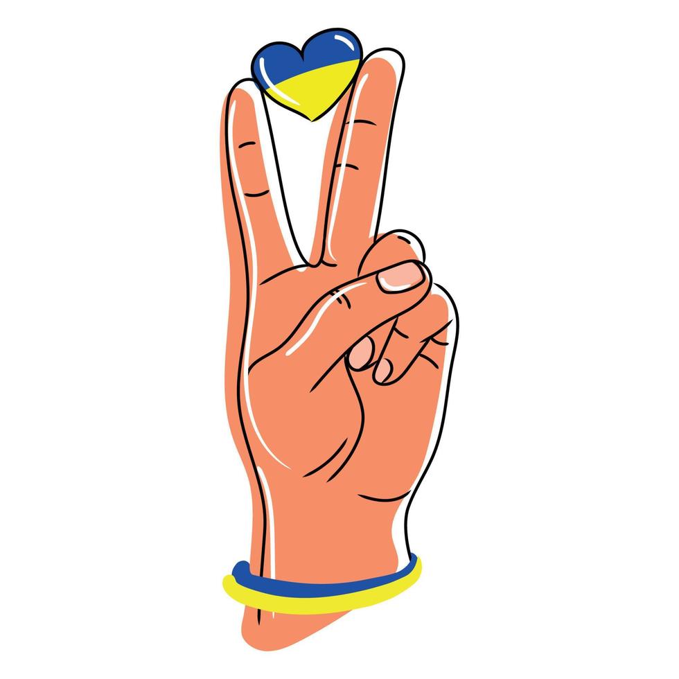 symbole de la main de paix liberté pour l'ukraine.sign v doigts, avec image vectorielle coeur bleu jaune sur fond blanc.icône de support pour le peuple ukrainien.restez avec l'ukraine concept.élément de conception logo emblème vecteur