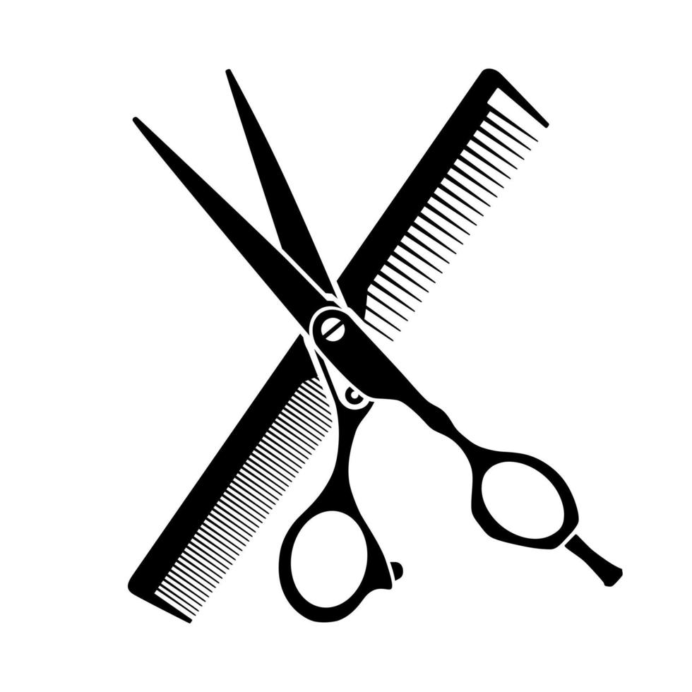 silhouette d'icône vectorielle noir et blanc de ciseaux et peignes croisés. symboles de coiffure vecteur