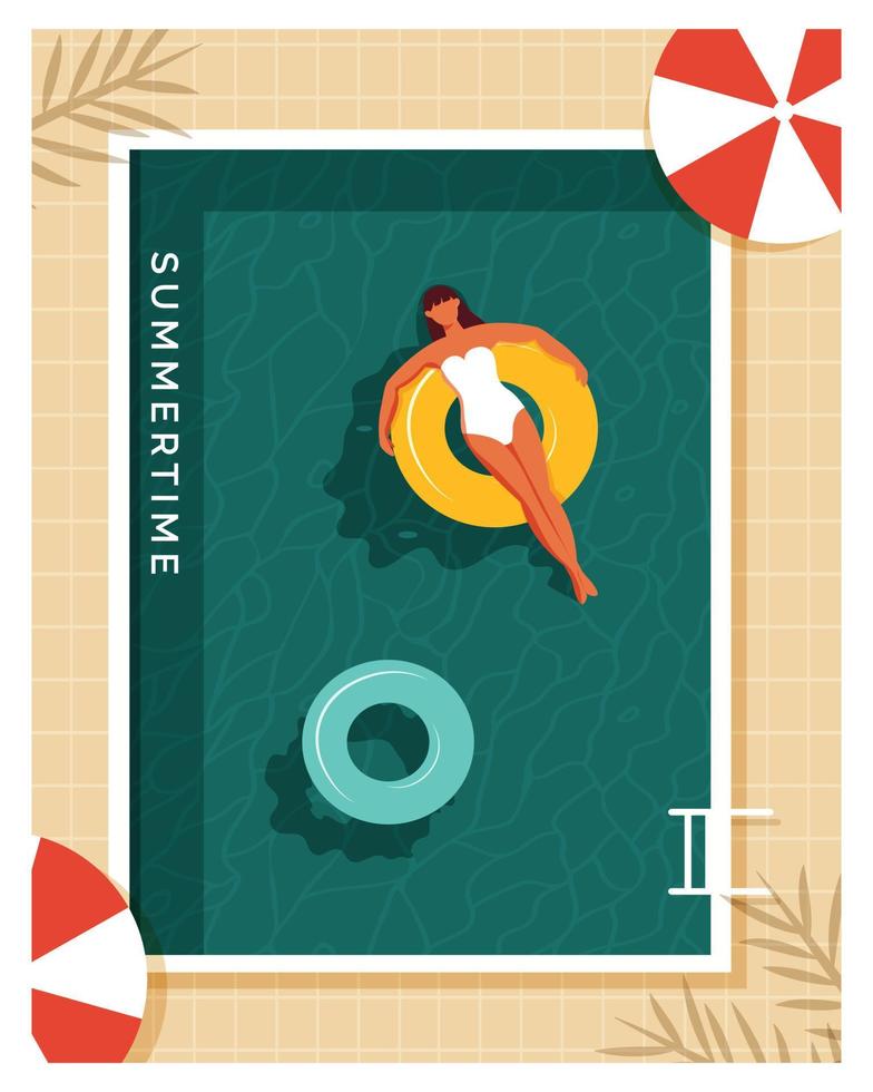 conception de bannière vectorielle heure d'été avec femme dans la piscine. illustration vectorielle de fond. vecteur