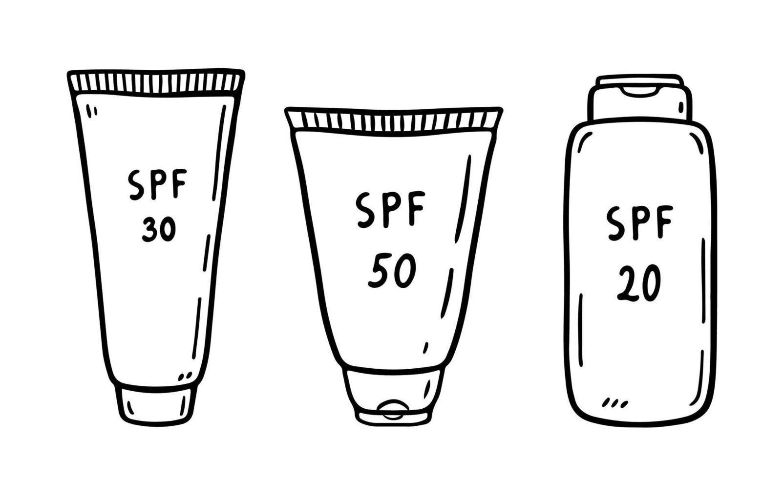 ensemble de tubes de crème solaire isolé sur fond blanc. lotions 20, 30, 50 spf pour la protection contre la lumière ultraviolette. illustration vectorielle dessinée à la main dans un style doodle. parfait pour les cartes, logo. vecteur