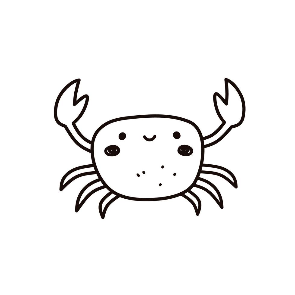 crabe souriant mignon avec des griffes isolé sur fond blanc. illustration vectorielle dessinée à la main dans un style doodle. parfait pour les cartes, logo, décorations, dessins d'été. personnage kawaii drôle. vecteur