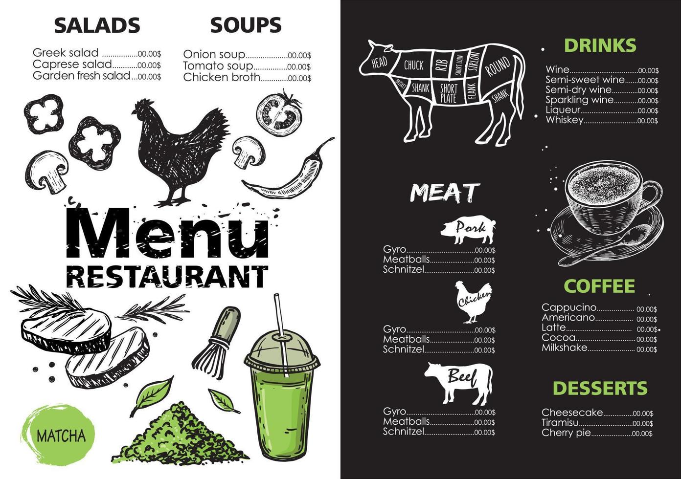 conception de modèle de menu pour restaurant, illustration dessinée à la main. vecteur. vecteur