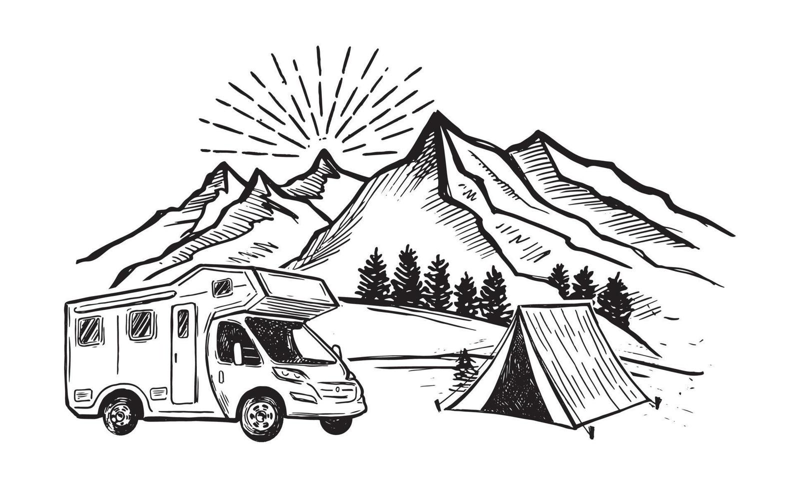 camping dans la nature, camping-car, paysage de montagne, style dessiné à la main, illustrations vectorielles. vecteur