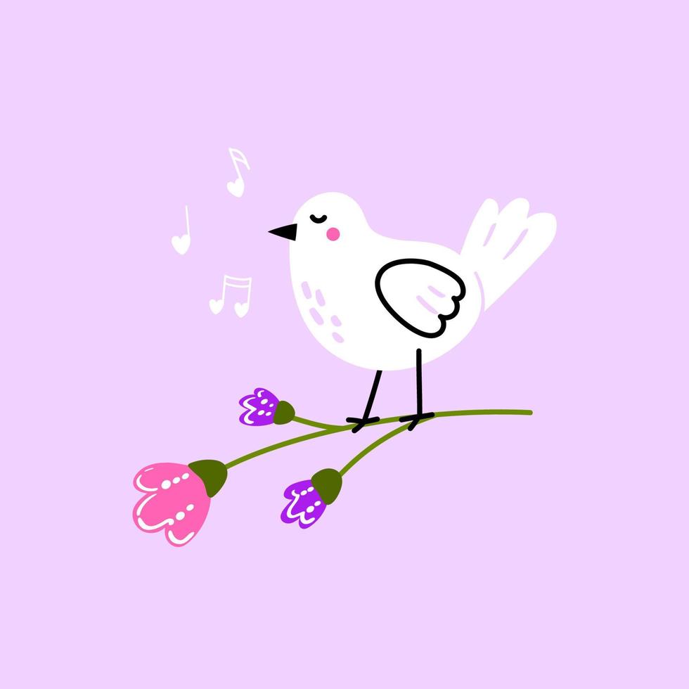 mignon bébé oiseau debout sur une brindille et chantant une belle chanson. illustration de doodle dessinée à la main pour les impressions et affiches pour enfants, textile. illustration vectorielle kawaii sur fond rose vecteur