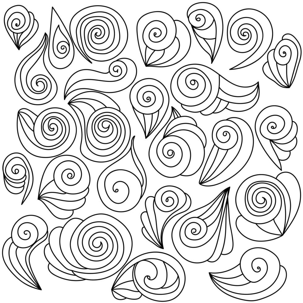 un ensemble d'éléments en spirale de contour avec des boucles et des vagues, des boucles simples et complexes pour la décoration vecteur