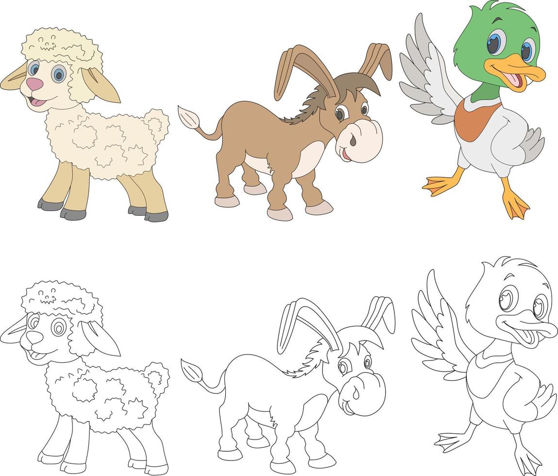dessin animé de mouton, de canard et d'âne. pour les livres de coloriage. vecteur
