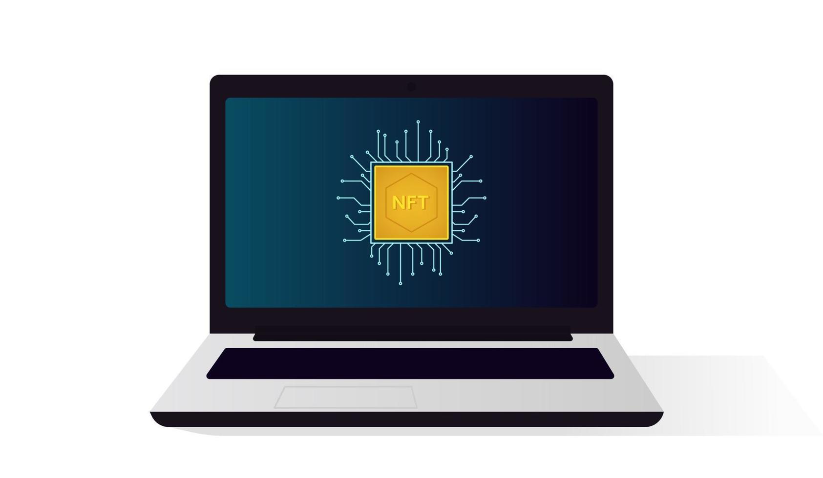ordinateur portable isolé avec image de jeton non fongible à l'écran. notion d'art numérique. illustration vectorielle vecteur