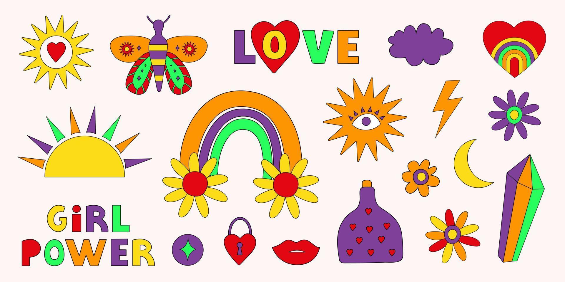 ensemble coloré d'icônes vintage rétro hippie dans le style des années 70-80. illustration vectorielle à la mode. tous les objets sont isolés vecteur