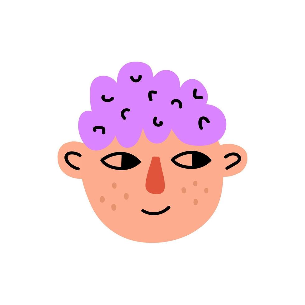 personnage de visage de jeune garçon avec des poils ondulés violets isolés sur fond blanc. tête de dessin animé drôle de mode. avatar de personnes colorées. illustration vectorielle vecteur