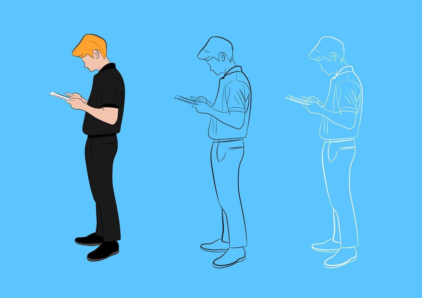 graphique dessin homme d'affaires debout et utilisant un smartphone pour la connexion illustration vectorielle de technologie en ligne vecteur