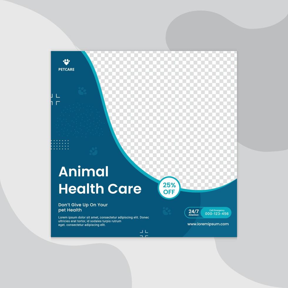 modèle de conception de soins de santé animale et de médias sociaux. promotion de la conception des médias sociaux pour l'atelier d'affaires en direct. médias sociaux pour les soins aux animaux de compagnie. mise en page vectorielle du service pour animaux de compagnie des médias sociaux de la clinique pour animaux de compagnie. vecteur