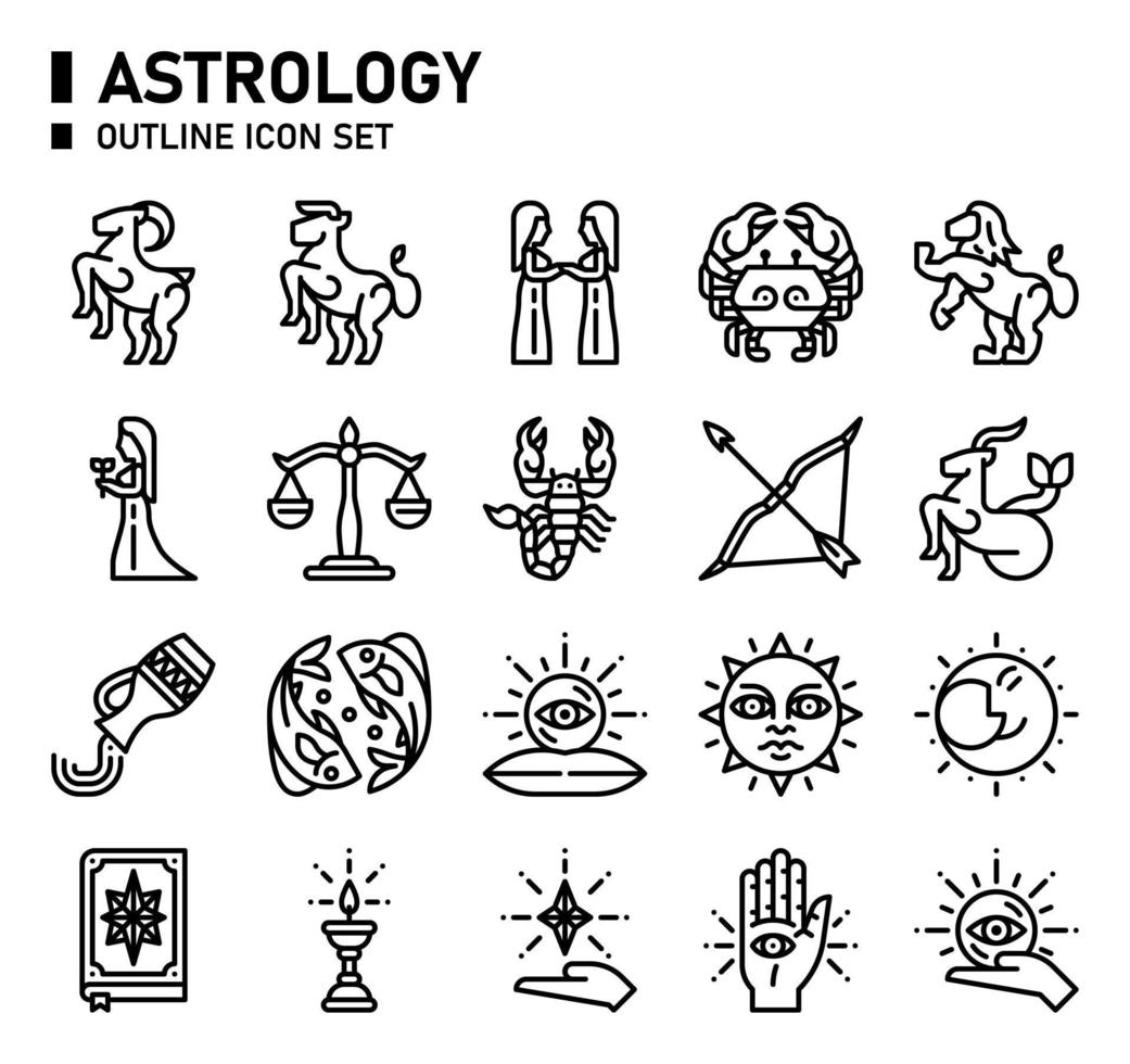 jeu d'icônes de contour d'astrologie. jeu d'icônes du zodiaque. vecteur