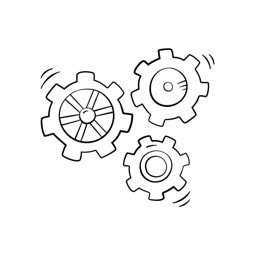 engrenage à crémaillère dans un style doodle, illustration vectorielle. icône de roue dentée dessinée à la main, élément isolé sur fond blanc. symbole graphique de mécanisme pour l'impression et la conception. concept de travail d'équipe, d'entreprise et d'idée vecteur