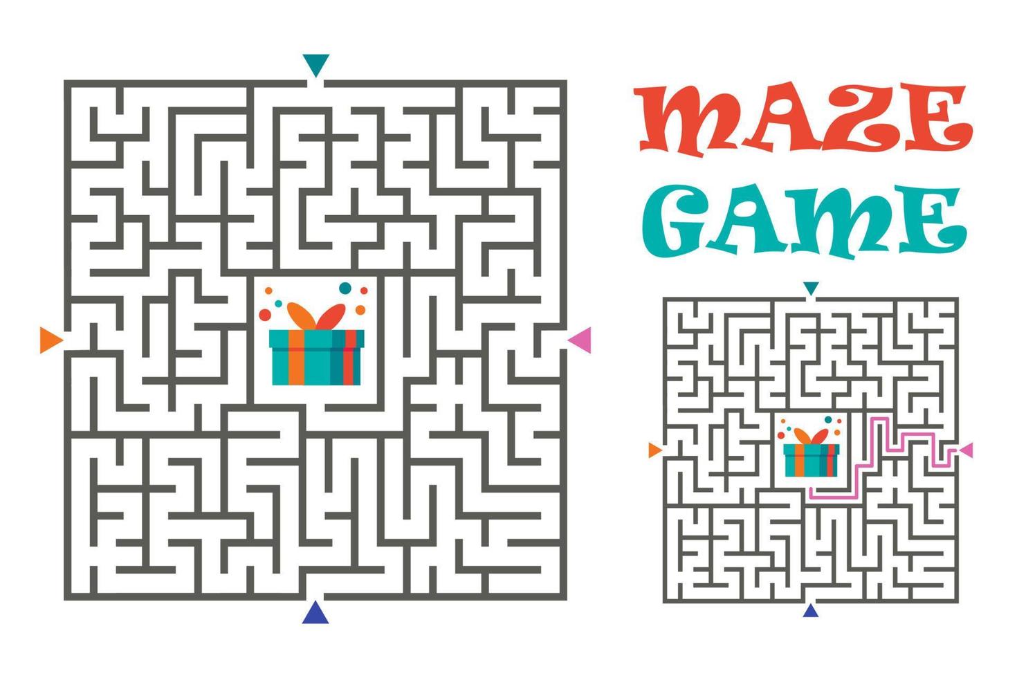 jeu de labyrinthe de labyrinthe carré pour les enfants. énigme logique. quatre entrées et une bonne façon d'aller. illustration vectorielle isolée sur fond blanc. vecteur