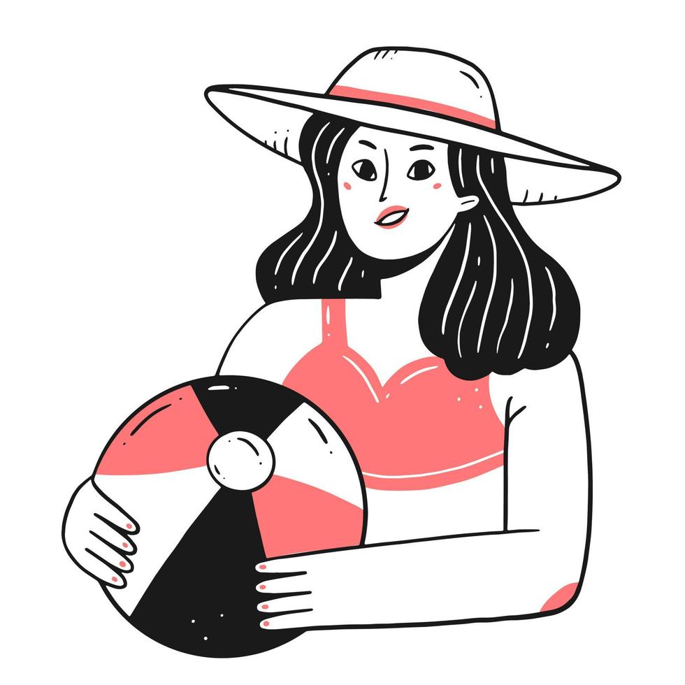 une fille heureuse dans un chapeau de plage et avec un ballon de plage dans ses mains dans un style de doodle linéaire. un personnage sur la plage. illustration vectorielle isolée de l'été. vecteur