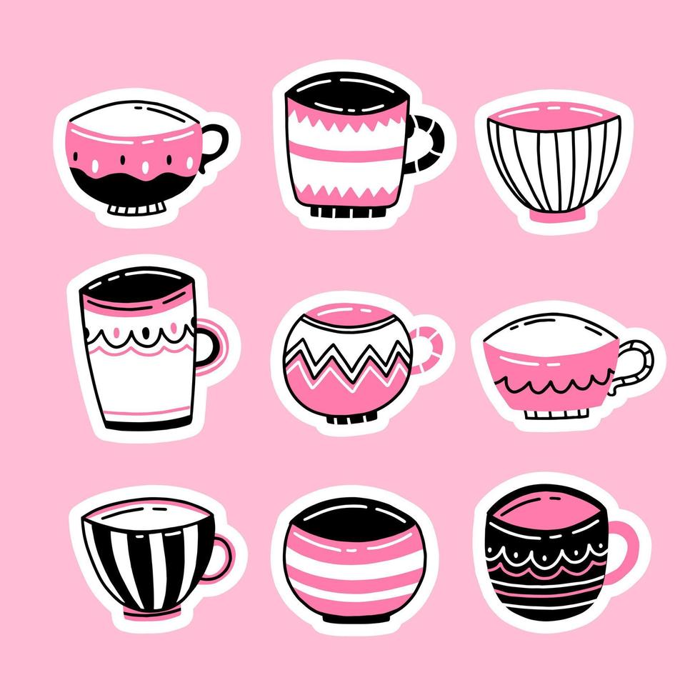 un ensemble d'autocollants avec des tasses et des tasses avec différents motifs de style doodle. illustration vectorielle isolée. vecteur