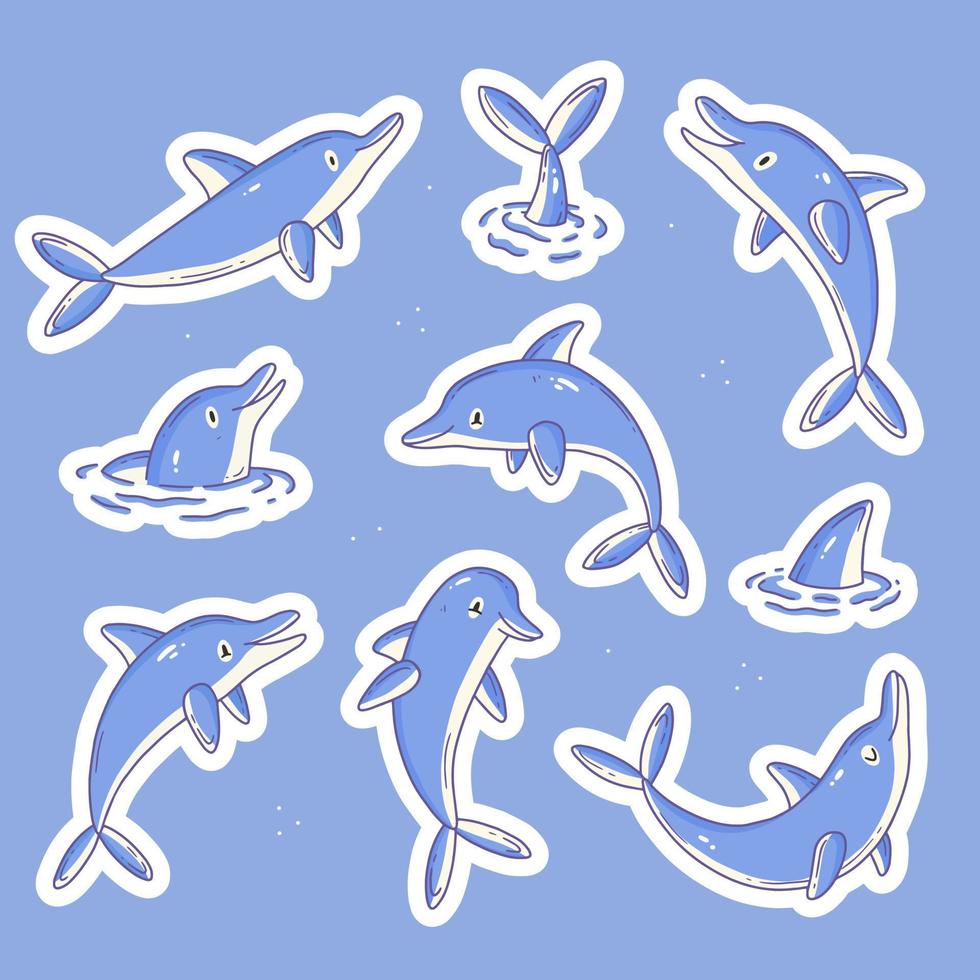 autocollants avec d'adorables personnages de dauphins. un modèle d'autocollant avec des animaux de dessin animé. illustration animale vectorielle. vecteur