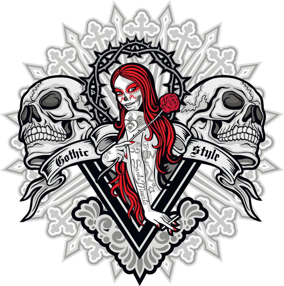 signe gothique avec crâne et fille avec maquillage de crâne, t-shirts design vintage grunge vecteur